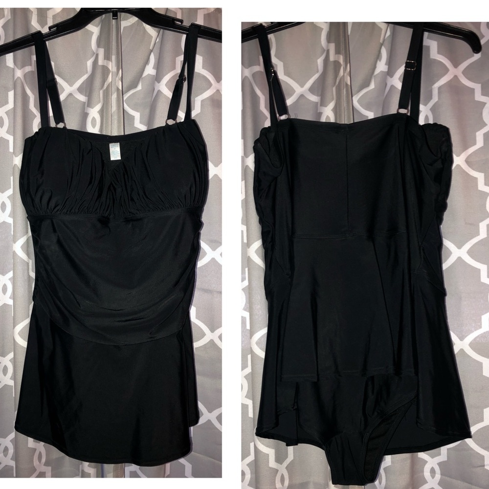 Black bathing suit with mini skirt